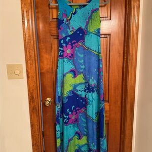 Vintage 60s Pomare Hawaiian Maxi Dress Tropical Print Blue Size 6 Tiki Aloha